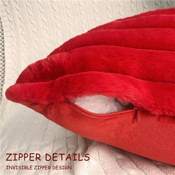 Red Faux Fur Velvet Pillow Covers 18x18 Set of 2 Soft Decorative Cushion Cases - Picture 4 of 8